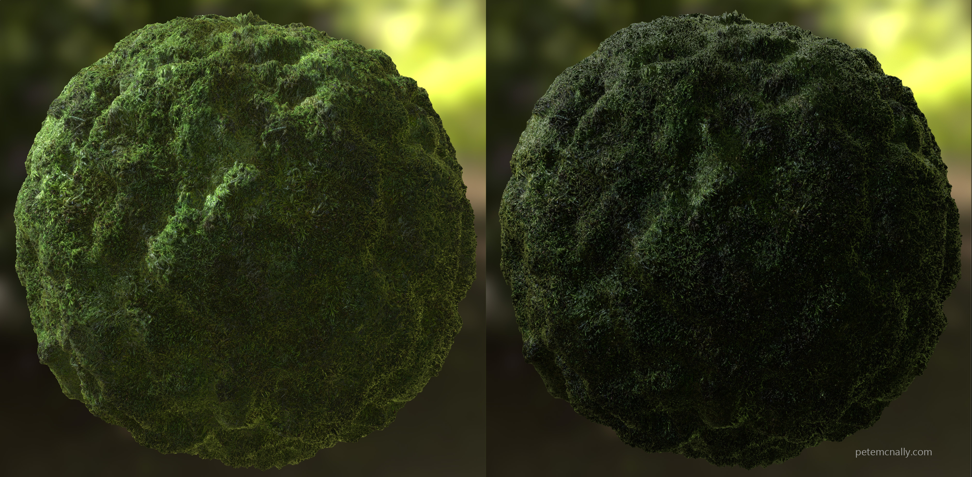 Mat sphere rendered in Toolbag 3. Wet moss variation achieved by changing albedo colour swatch and reducing roughness (Toolbag)