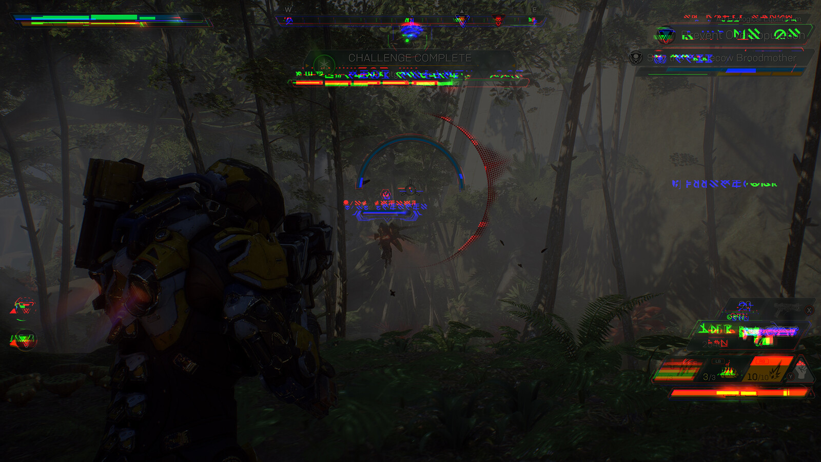 A glitch art version of the HUD, requested by the cinematics team for a story beat in which your suit experiences a communications disruption.