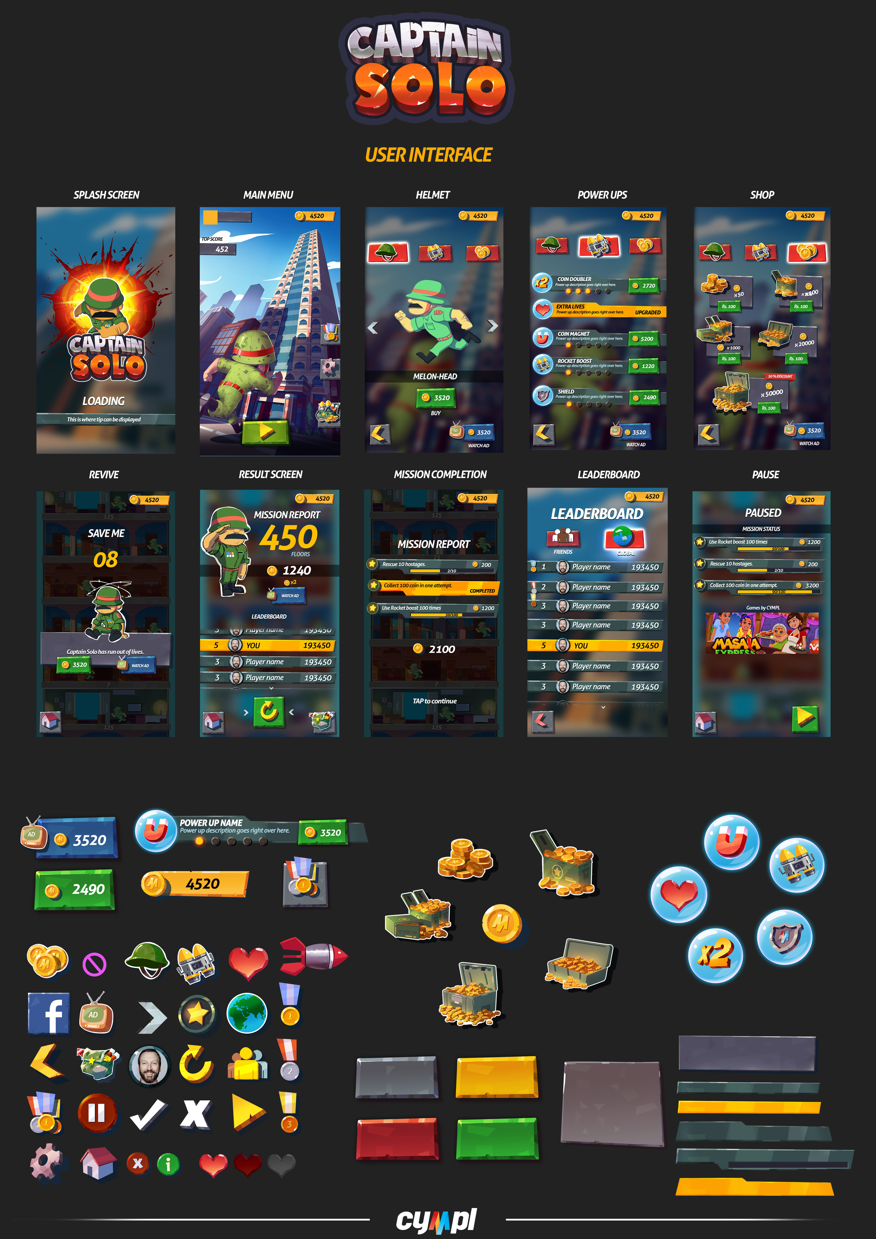 Compilation of UI screens and elements of the game.