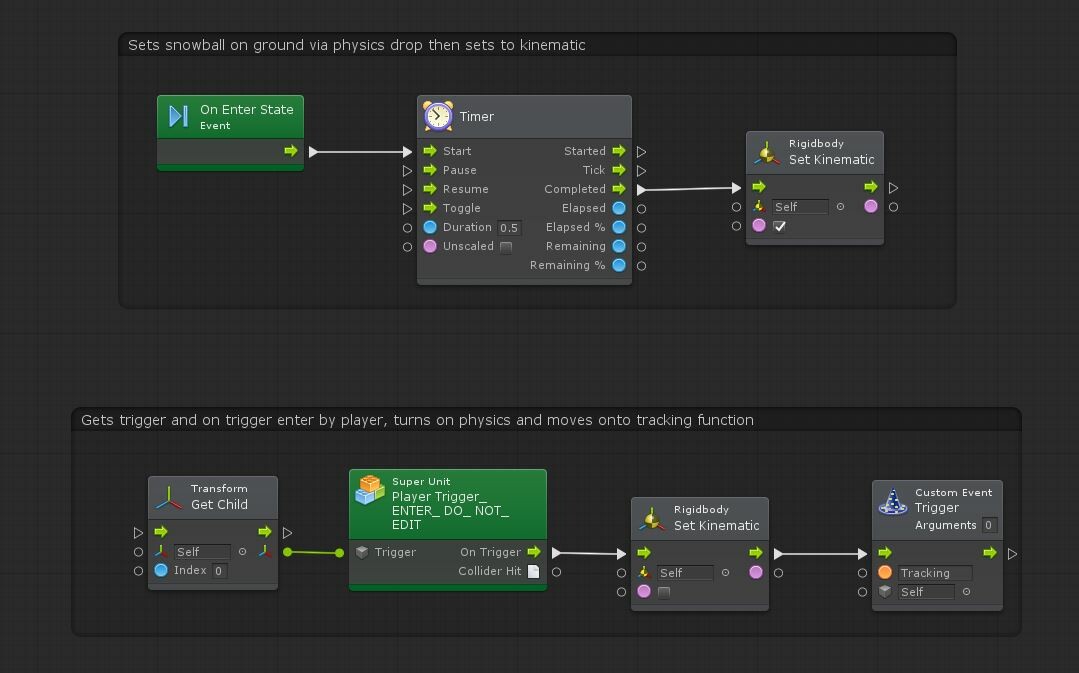 On start, turns on physics to set snowball then sets it back to kinematic. Waits for player trigger to start event to save performance.