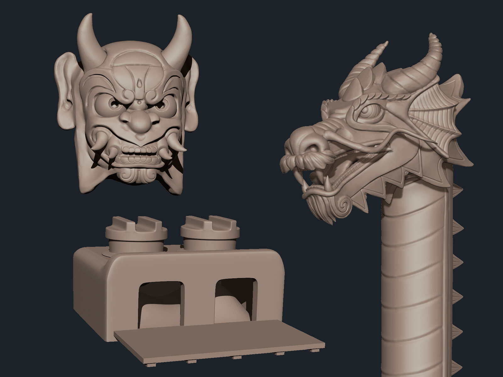 A dragon that will decorate the pillars of the temple, another oni mask, and a kamado (oven)
