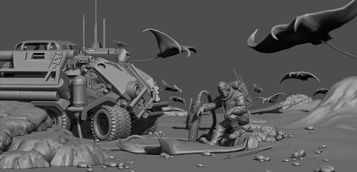 Hunter of the flying stingrays - ZBrush Scene