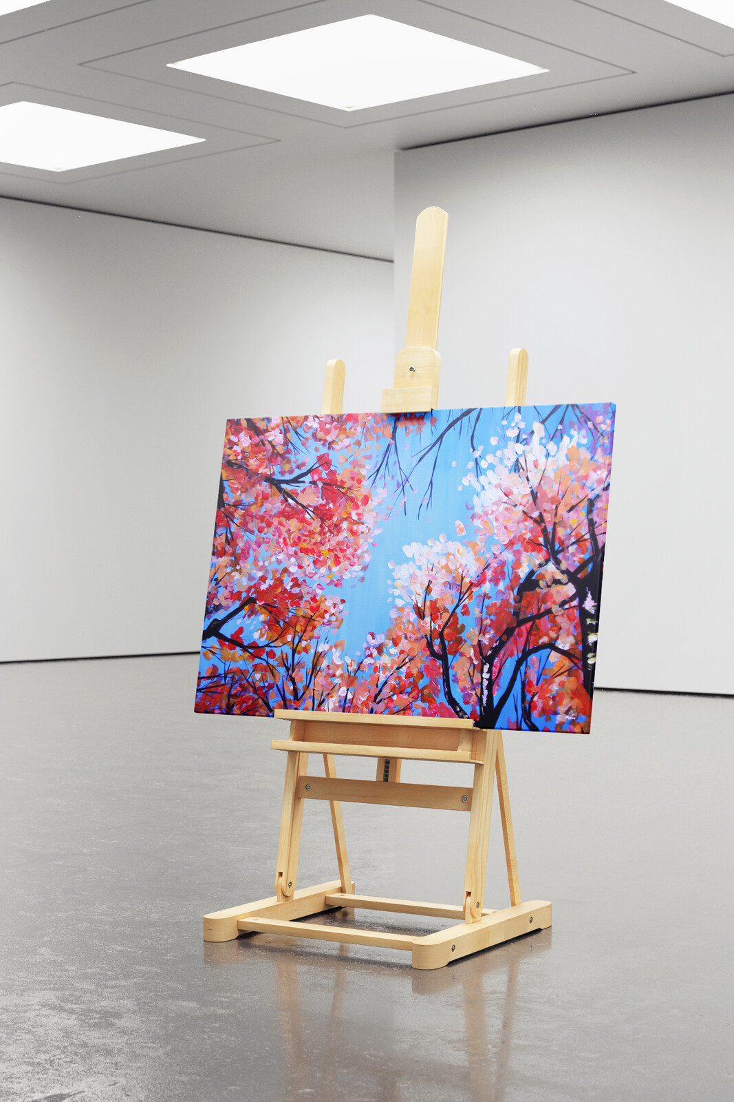 Commissioned acrylic painting of trees in the fall. Displayed on an easel psd mock up.