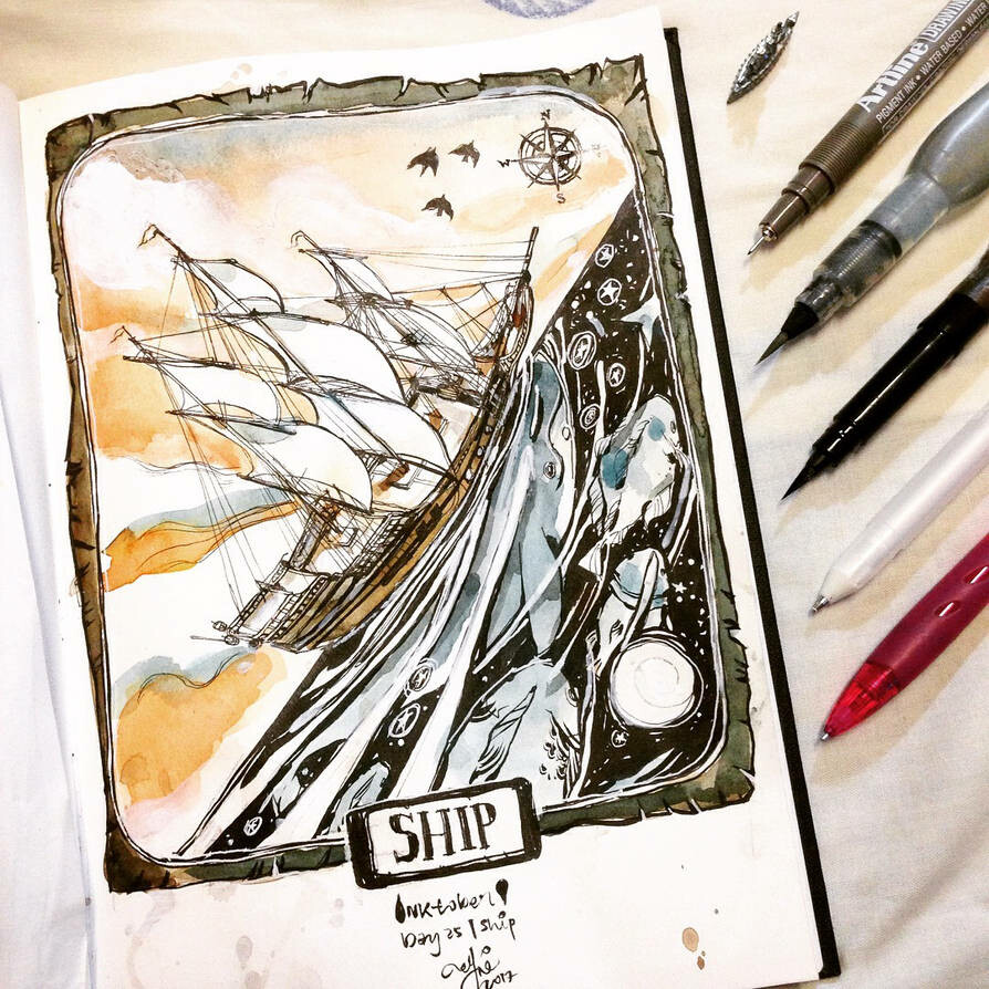 INKtober day25| Ship. Did at least 3 failed attempts at this piece. Ships are @_@