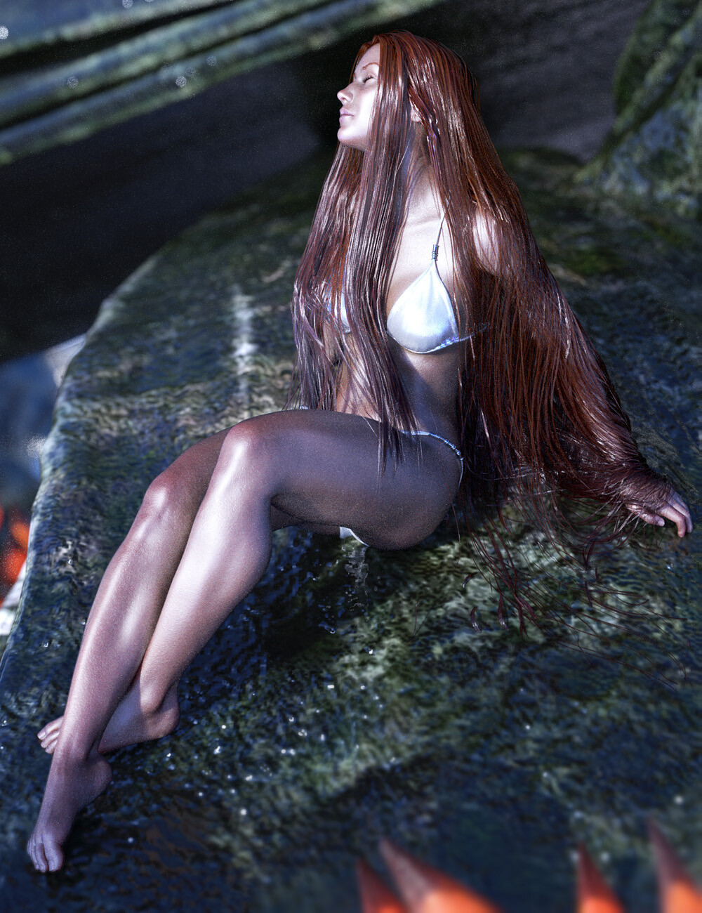 "Beach Siren"
One of the more artistic renders for the Aguja/Alascanus project (which featured mermaids and mermen with fish tails and stuff).
I wanted to showcase the dForce compliant hair which can drape nicely.