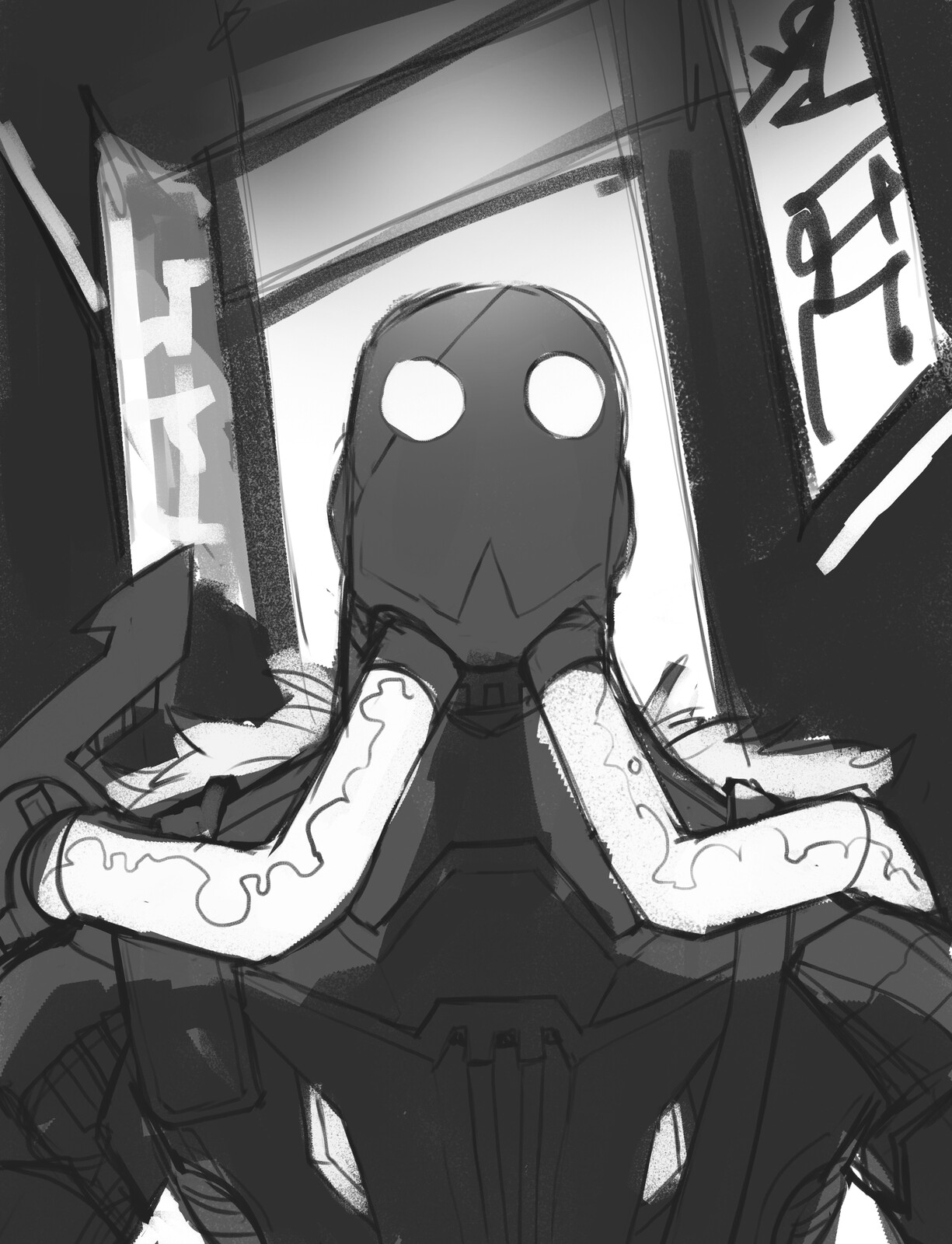 Very messy early sketch for composition and values