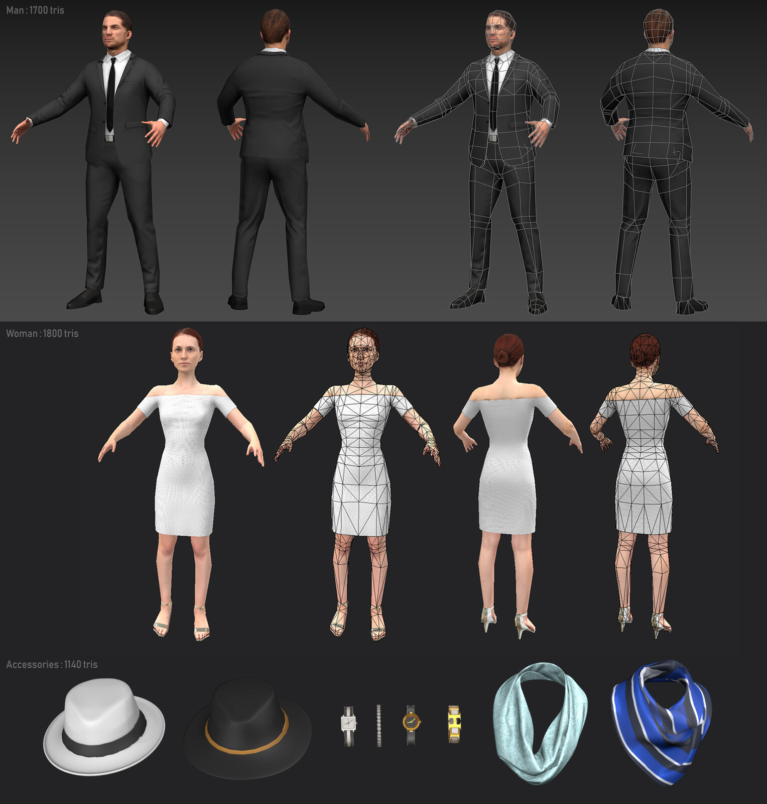 2 very low poly characters with some cosmetic assets. Like in the environment, all the sculpting details were baked into the diffuse texture using a "Baked Lighting" filter in Substance Painter.