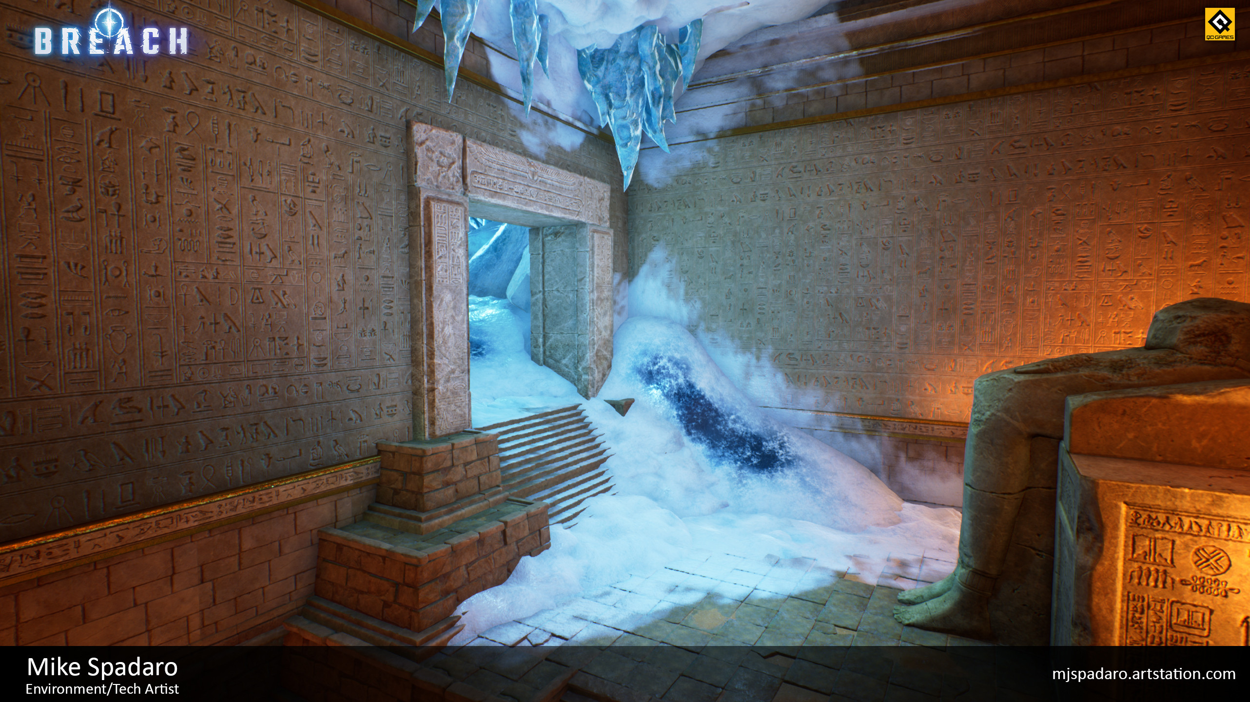 I was responsible for some propping, collision, the ice-terrain mesh, ice materials,  and vertex painting in this area. 