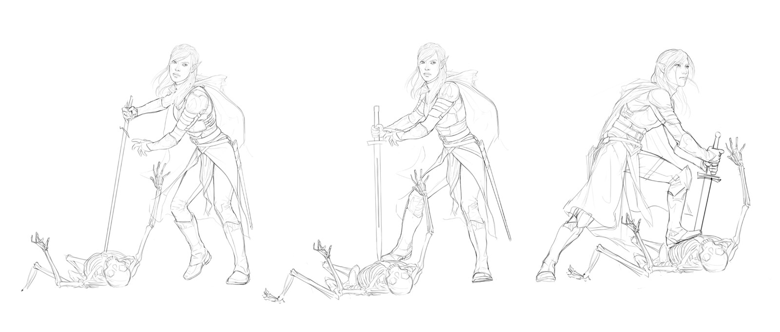 Searching to find a pose for the Altmer that appealed to my AD, I executed three fully-finished line drawings of the figure. Although I preferred the one on the left, he decided to go with the pose on the right.