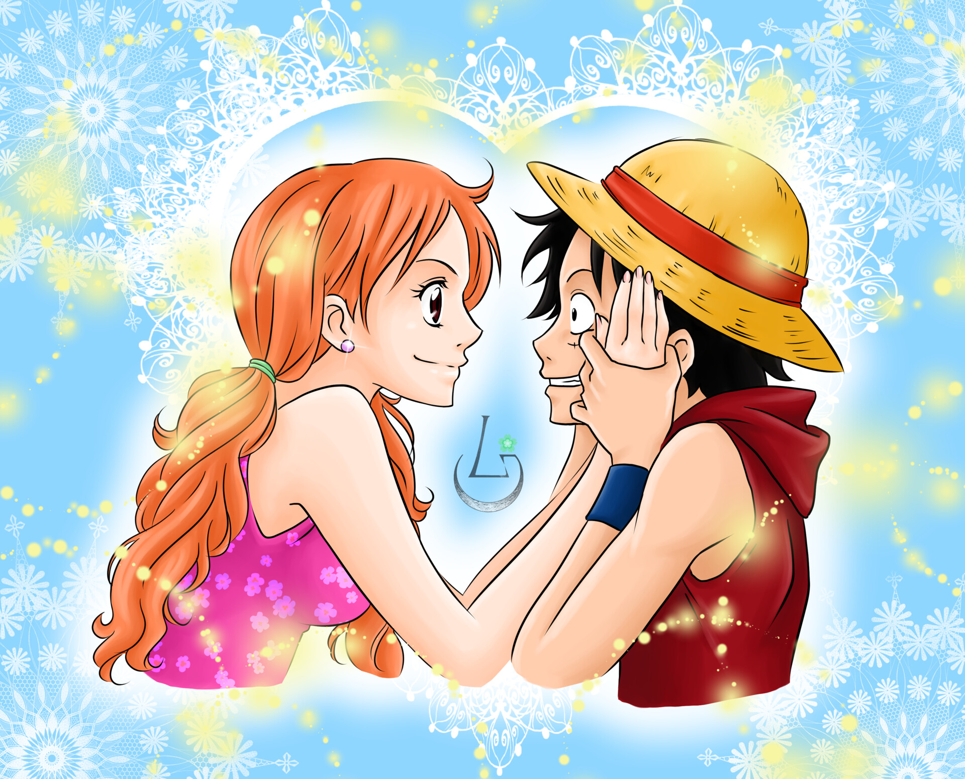 Fan art of Nami and Luffy from the manga and anime "One Piece" by...