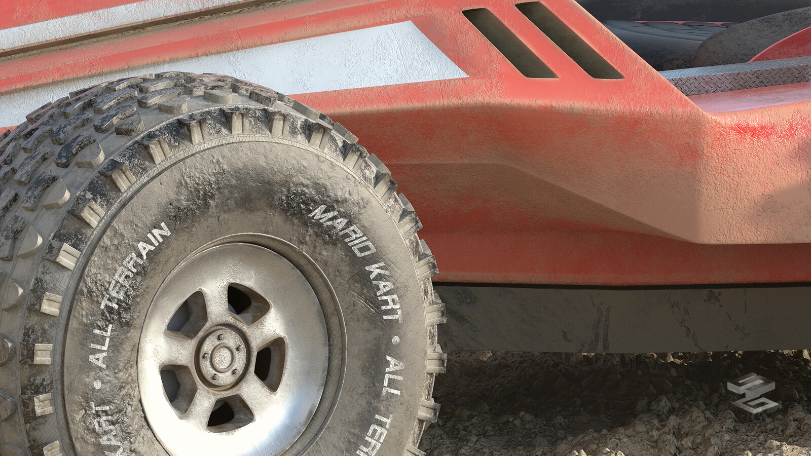 Zoom in details. Displacement maps were used for the tire.