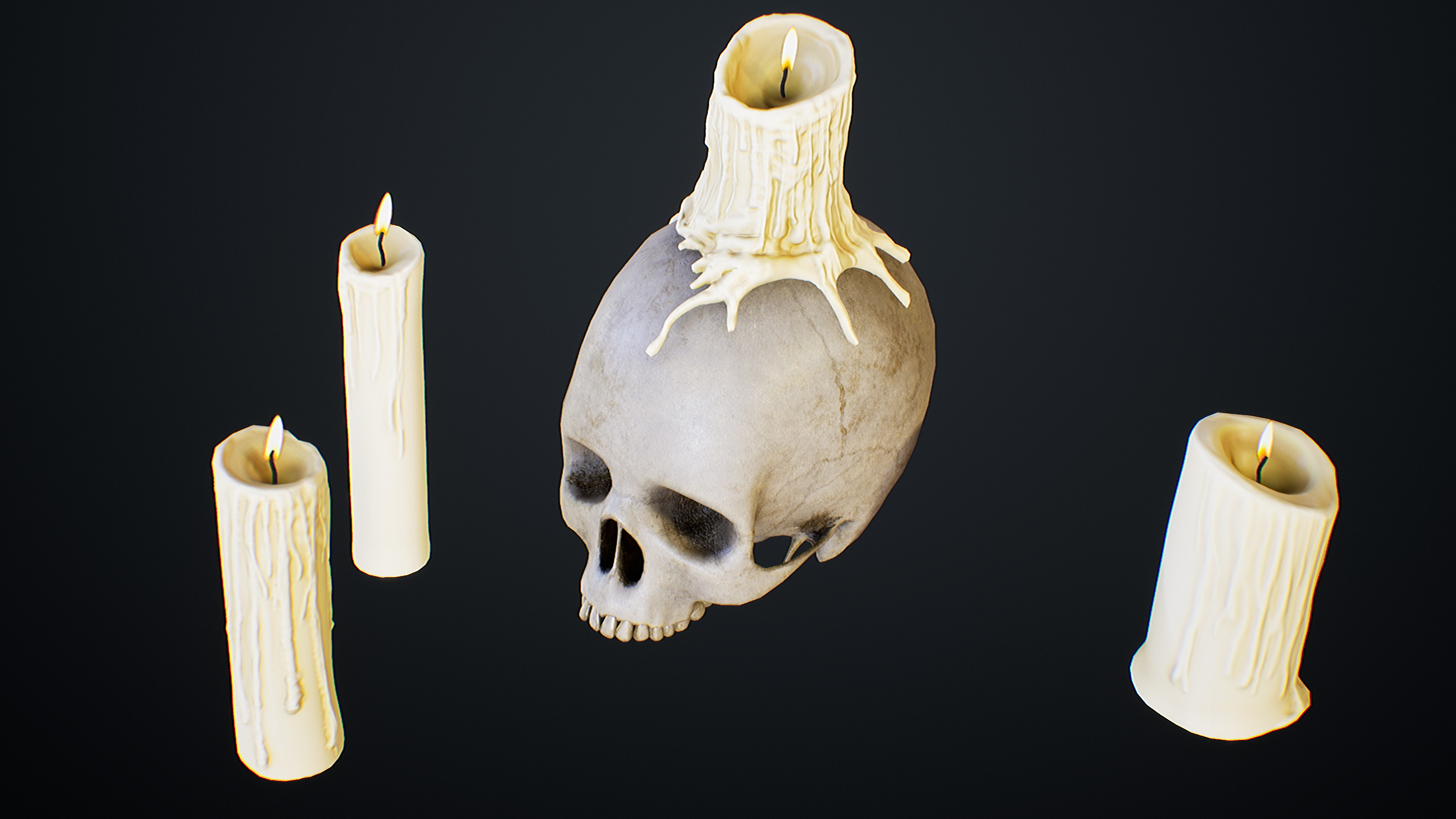 UE4 screenshot close up detailed shot of the scull and candles.