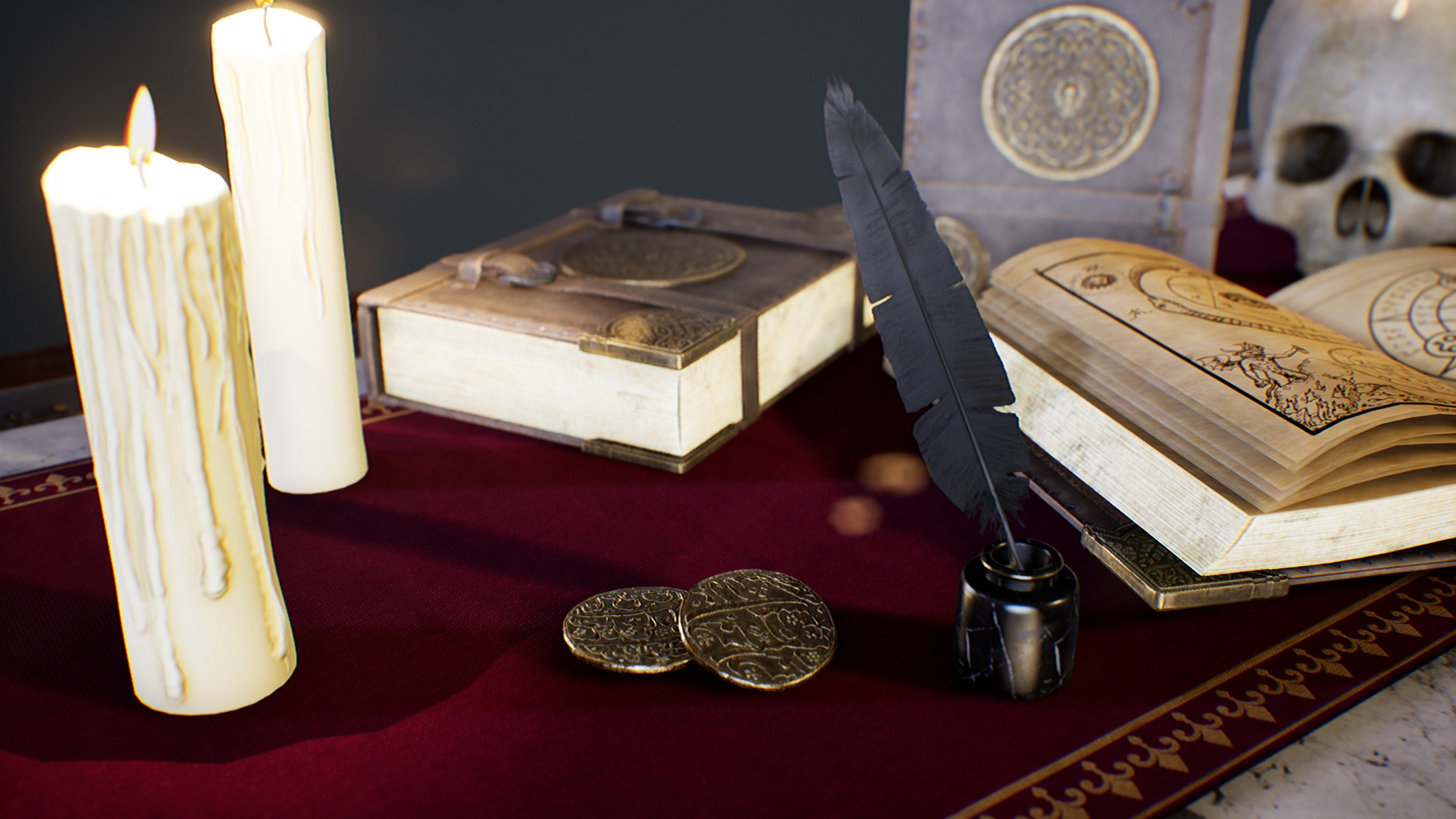 UE4 screenshot close up detailed shot of candles, spell book, coins, feather and ink holder.