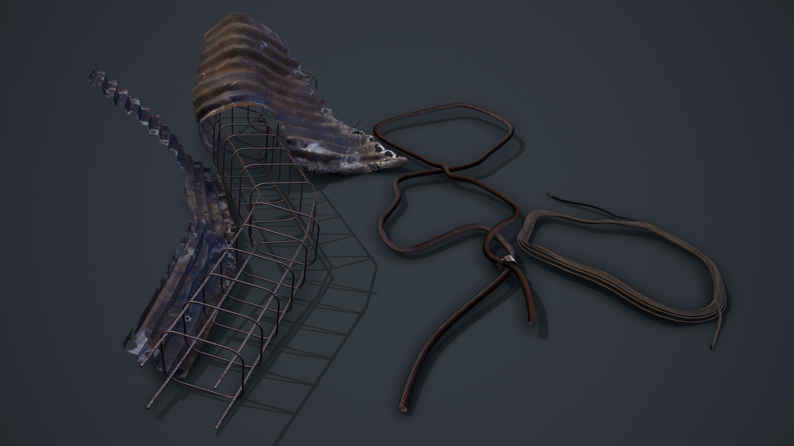 Toolbag rendered screenshot view of various metal cables, damaged metal sheets and metal bars.