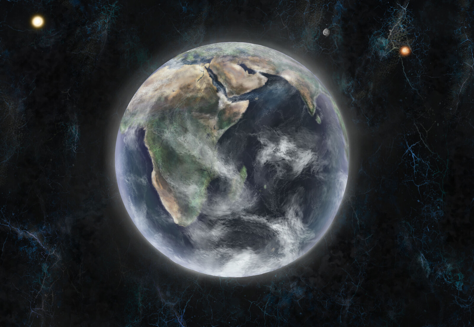 Illustration of Earth from a distance, created to help define visual style of space scenes.