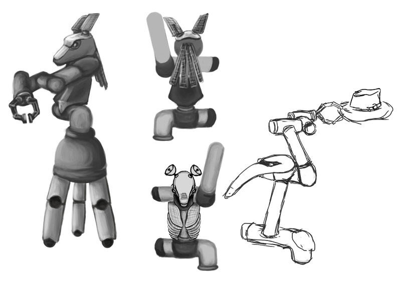 The main physical actor for Cooper will be a pre-programmed robot with a constructed shell over top. These are some early shell designs.