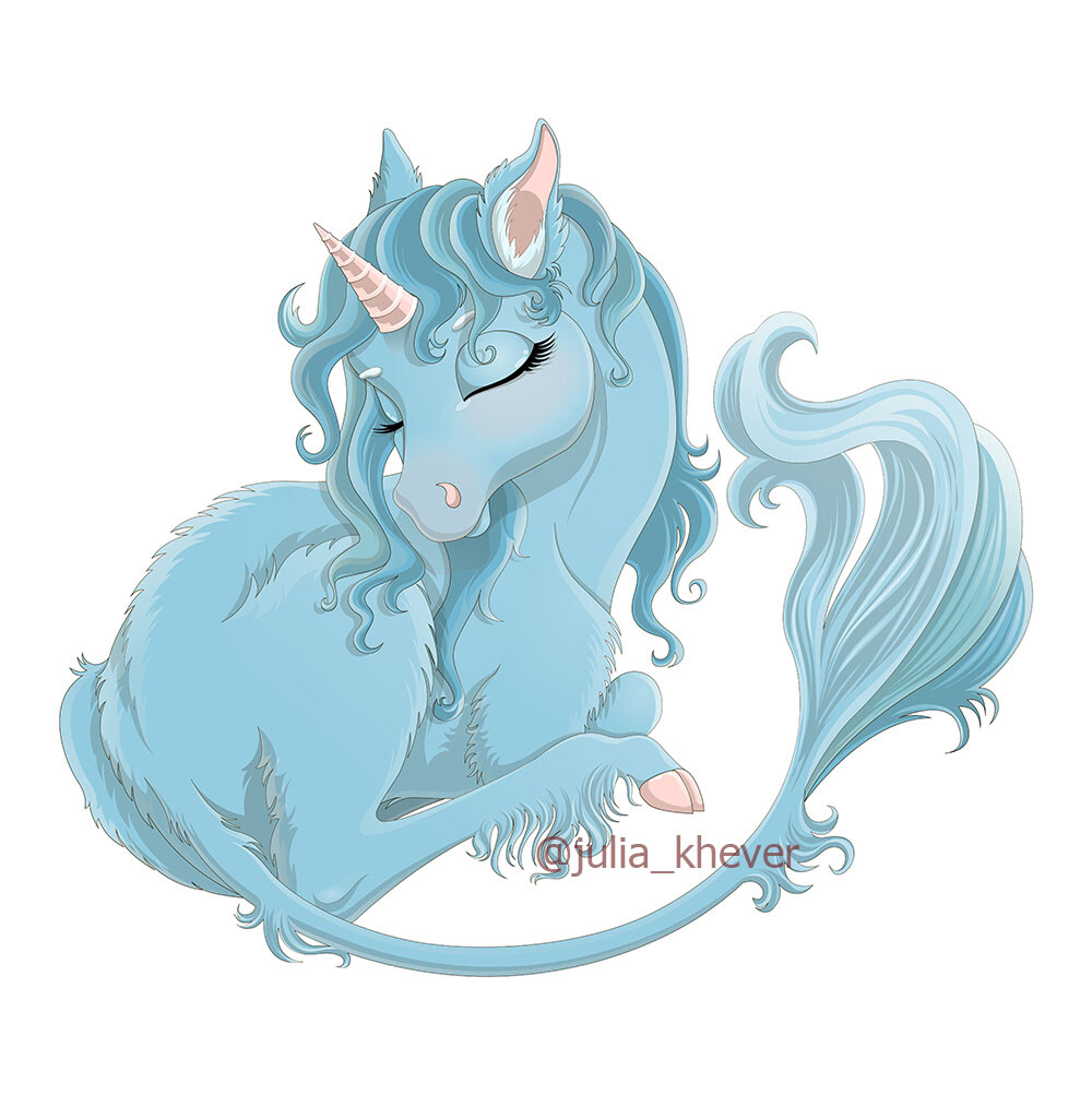 ArtStation - Illustration of cute blue baby unicorn with long tail and pink  horn