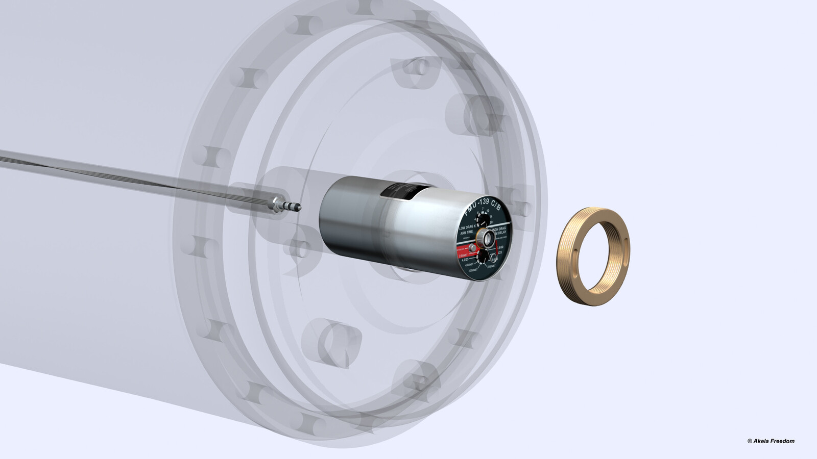 The FMU-139 fuze is inserted into tail fuze well and the closure ring is twisted.
