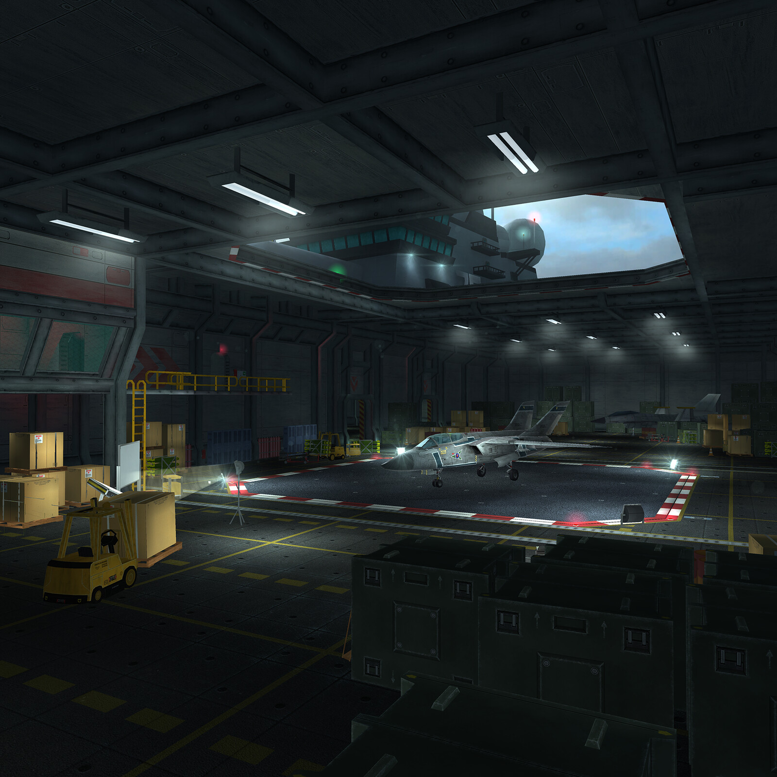 Aircraft Carrier plane selection. The elevator was used to load and unload planes into the scene for player aircraft select. Once selected the plane would rise seamlessly to top deck for takeoff. 