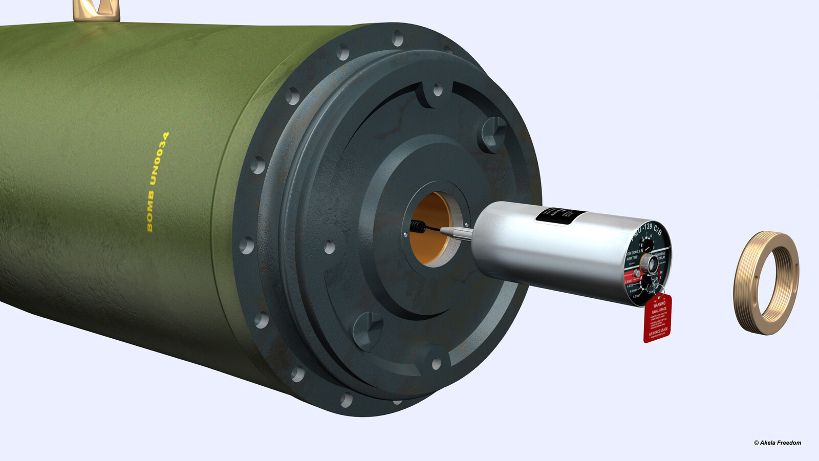 MK-84 in details:
The FMU-139 fuze is inserted into tail fuze well and the closure ring is tighten.
