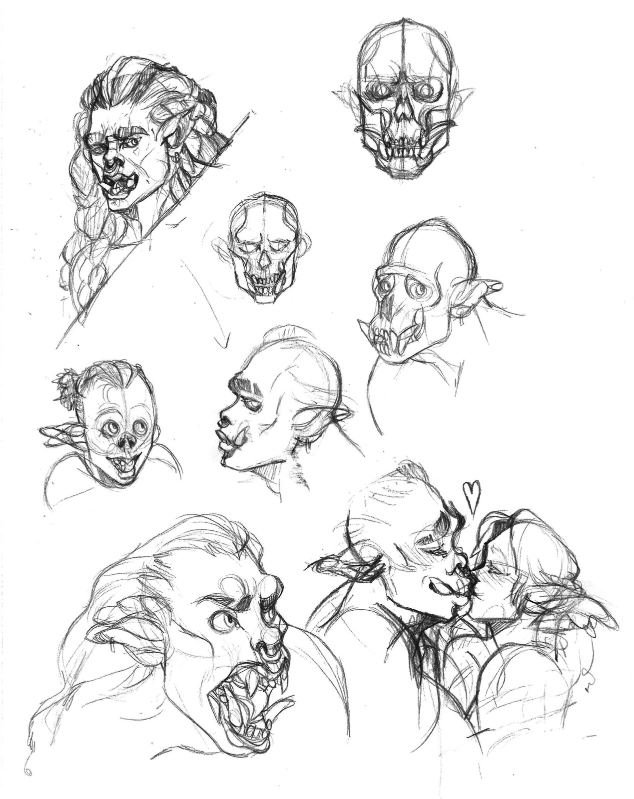 sketchpage showing how I figured out some orc facial anatomy. Looking at gorilla skulls helped a great deal in figuring out a humanoid face with all those big teeth!