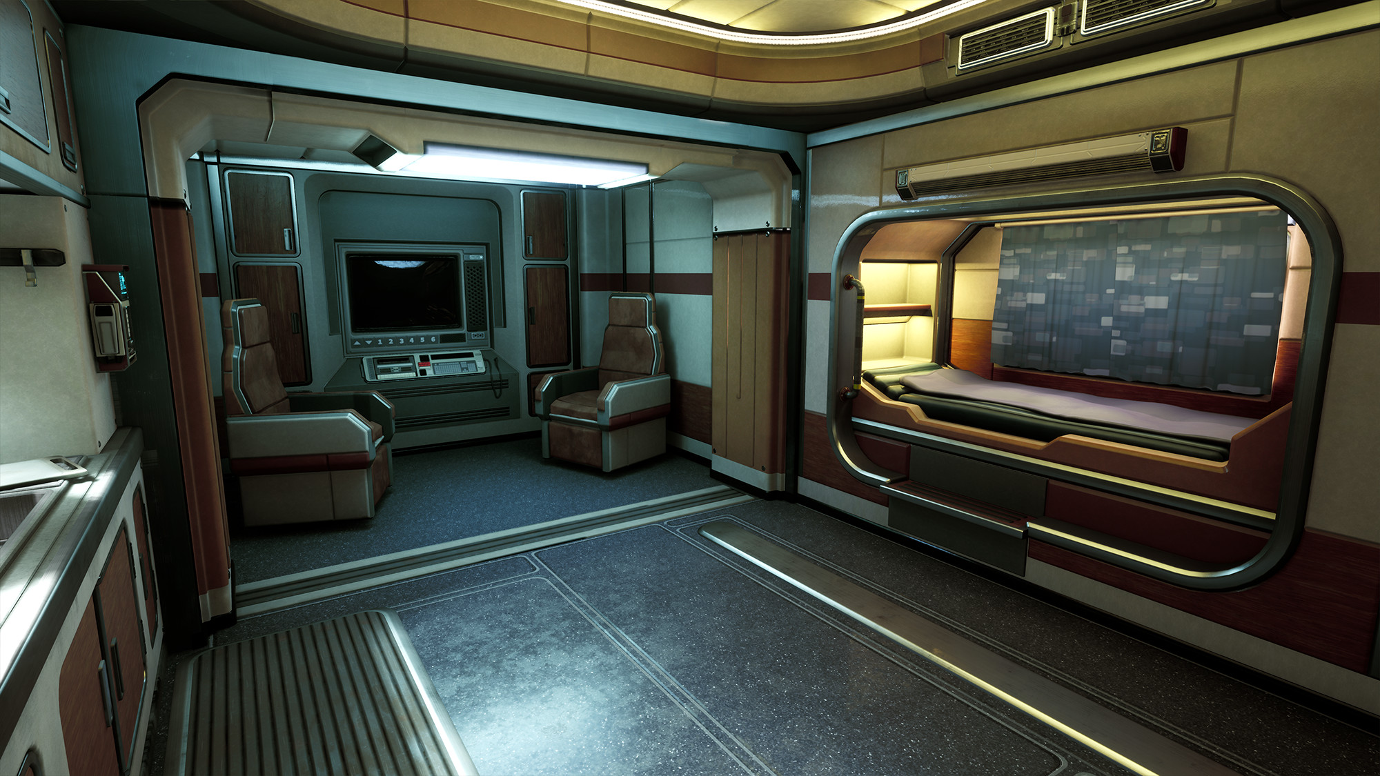 A shot of the living quarters, this view comprises the other half of the cabin's space.