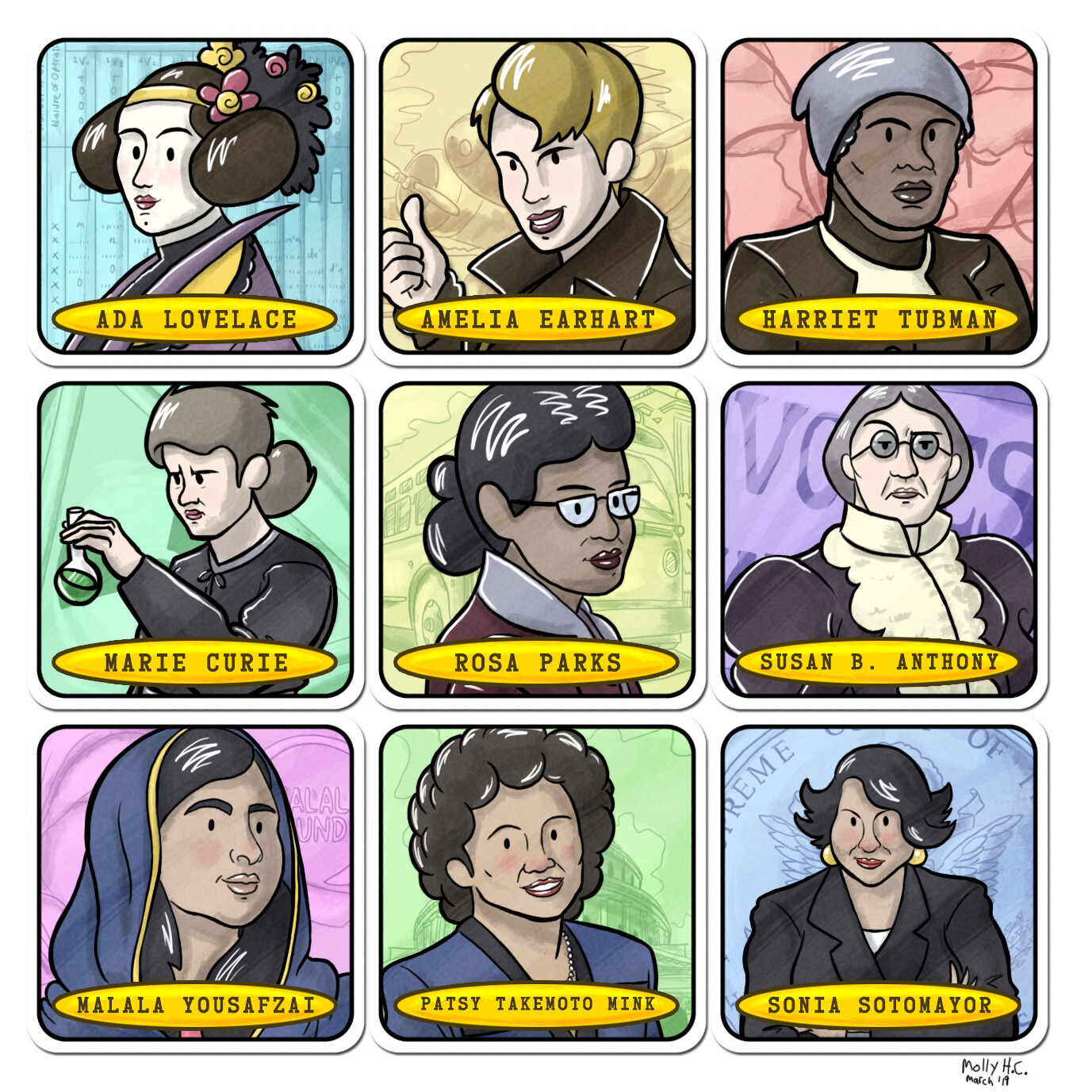 Women's History Month Matching Card Game Illustrations 
Commissioned by Fifth Tribe Studios.
(http://womenshistory.marlofurniture.com/)
©2019