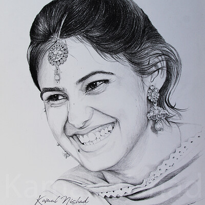 Kamal nishx a beautiful smile pencil charcoal portrait sketch on paper by artist kamal nishx 91 9501247988 91 9331339336