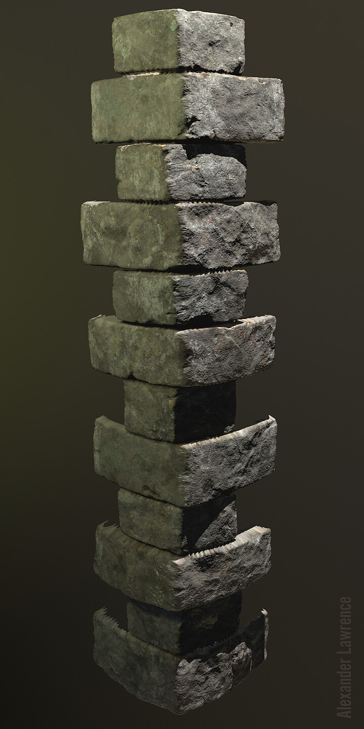 Low-poly quoins for the corners of buildings. The height map was created in ZBrush, then taken into Substance Designer for texturing.