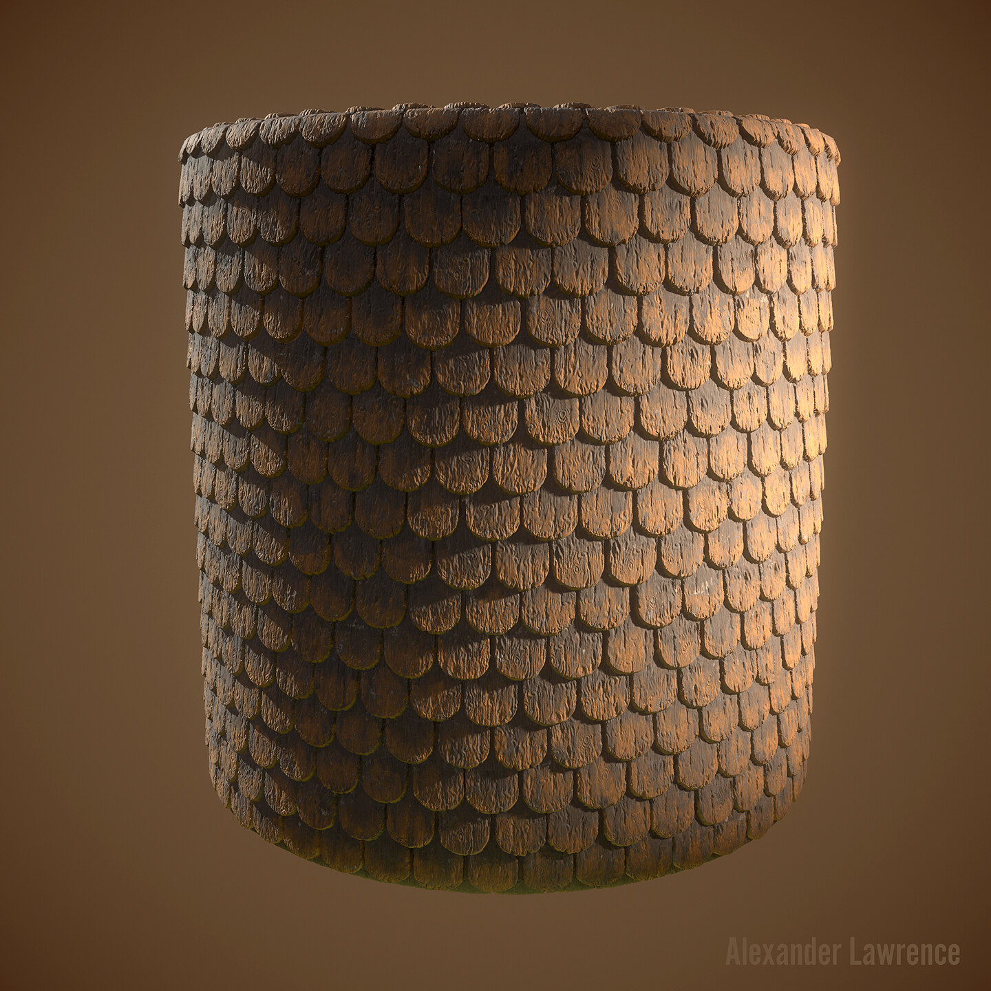 Wooden roof shingles that were painted orange. Created entirely in Substance Designer.