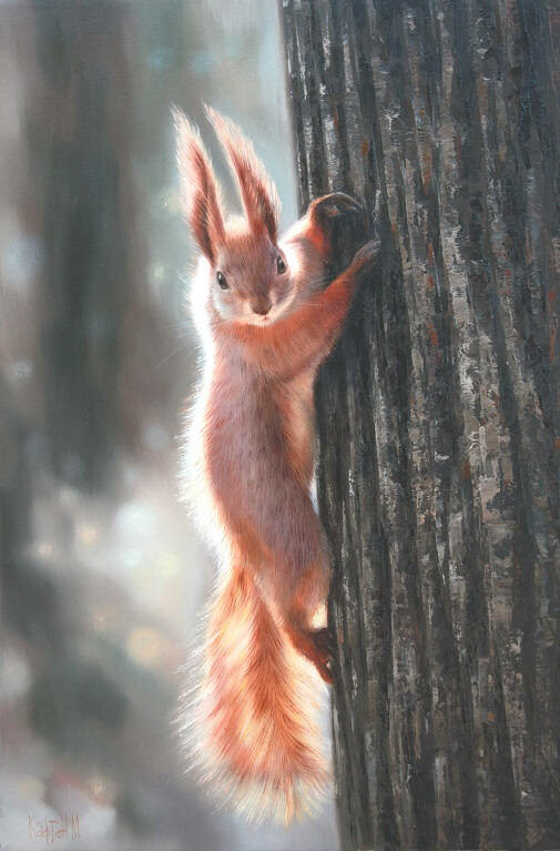 Artstation Squirrel On Tree Oil Painting Andriy Pistun