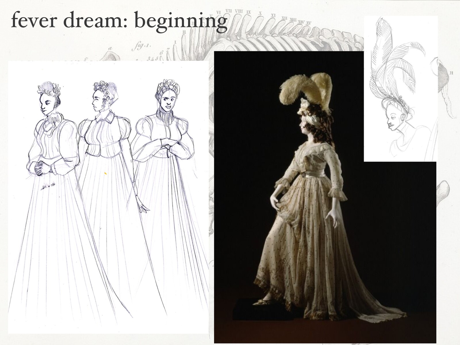 Dream Dancer: reference. 1810s ballgowns, ghostly chiffon fabric and feathers. All built for movement and disorientation on stage. 