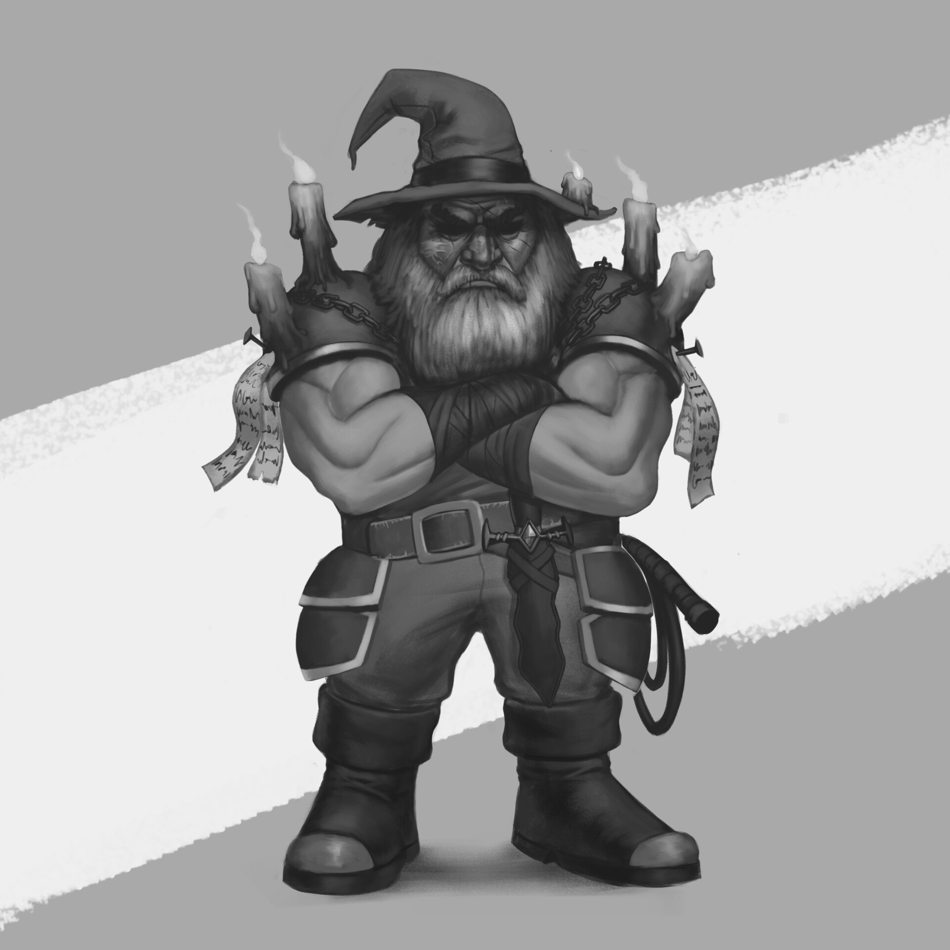 Grey-scale Character Commission: Warlock Dwarf by Donavonn Wynkoop. 