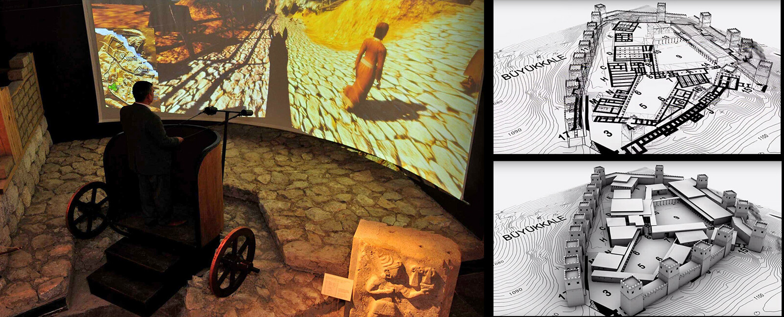 Virtual Hattusa Reconstruction &amp; Chariot Simulator, Corum Archeology Museum,  2011, two projector, cylindrical screen, edge blending