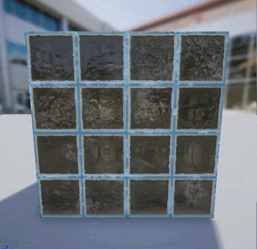 This is a window material that does not use an interior billboard and creates pseudo-refraction by LERPing the UVs with the normal map.