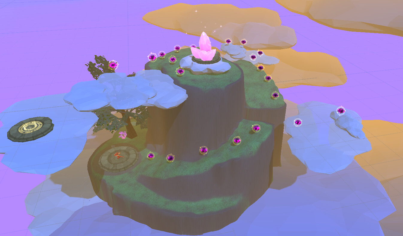 Level 4 Overview- This sky-themed level introduces a more complex mechanic to get the player to reach gems in
higher places.