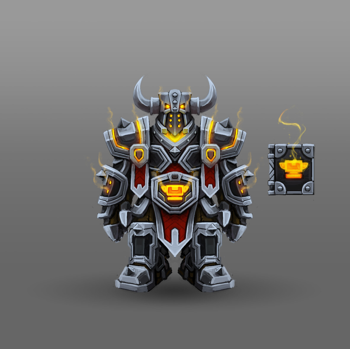 Paladin

The set is meant to along with the Dark Iron Paladin mount. As the Dark Irons are a more darker/sinister race, I want its design to be more threatening.

On the back he would have the libram hanging from his belt. 