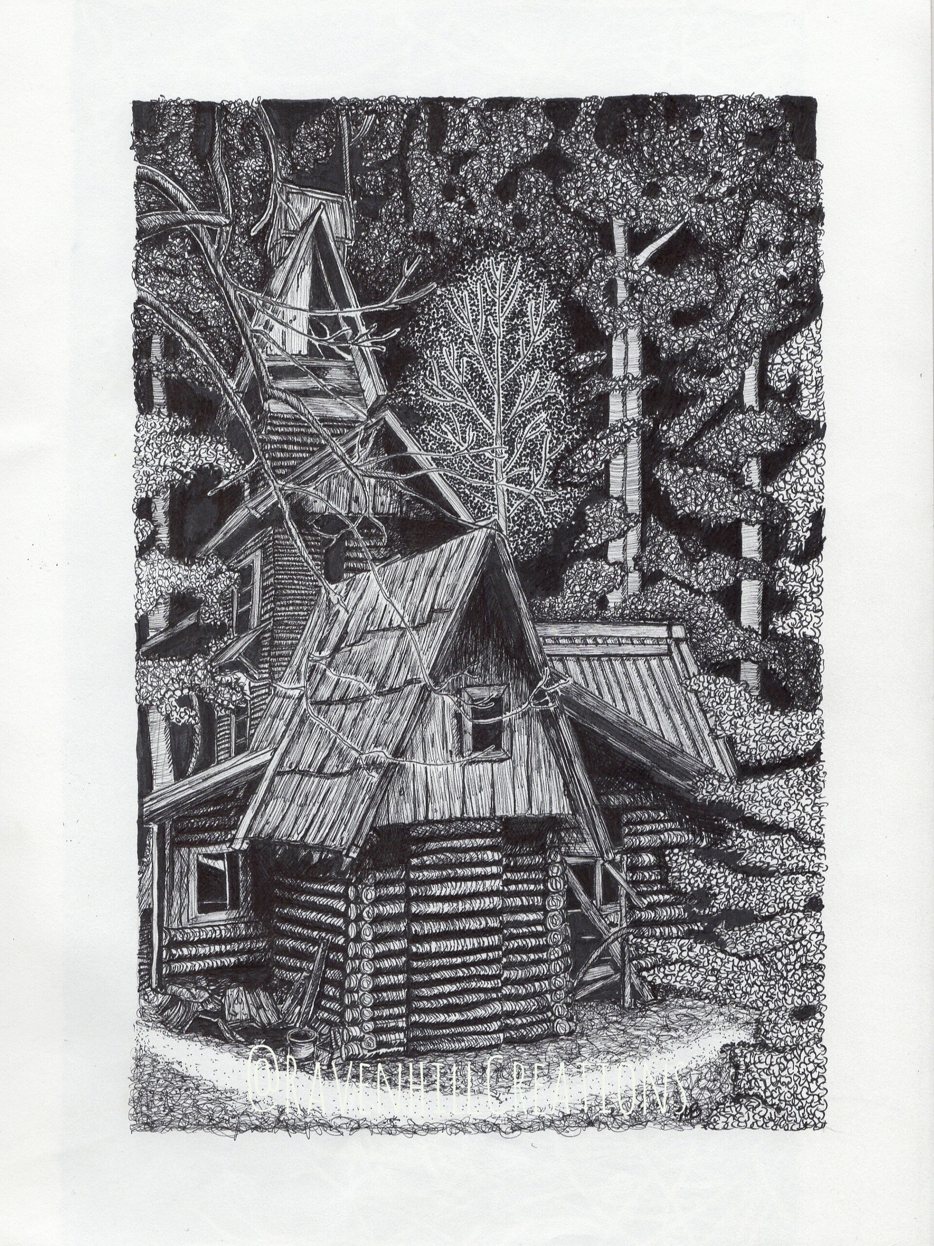 Artstation Witchy Cabin Pen Ink Nadia Bruce #traditional ink #illustration #drawing #illustration #pen and ink #architecture. artstation witchy cabin pen ink