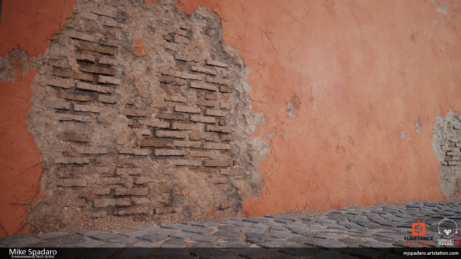Example of being used in a scene, done mostly for artistic purposes to see how it held up to my reference photo. Rendered in Marmoset.

Cobblestone and dirt materials also made in Substance Designer.