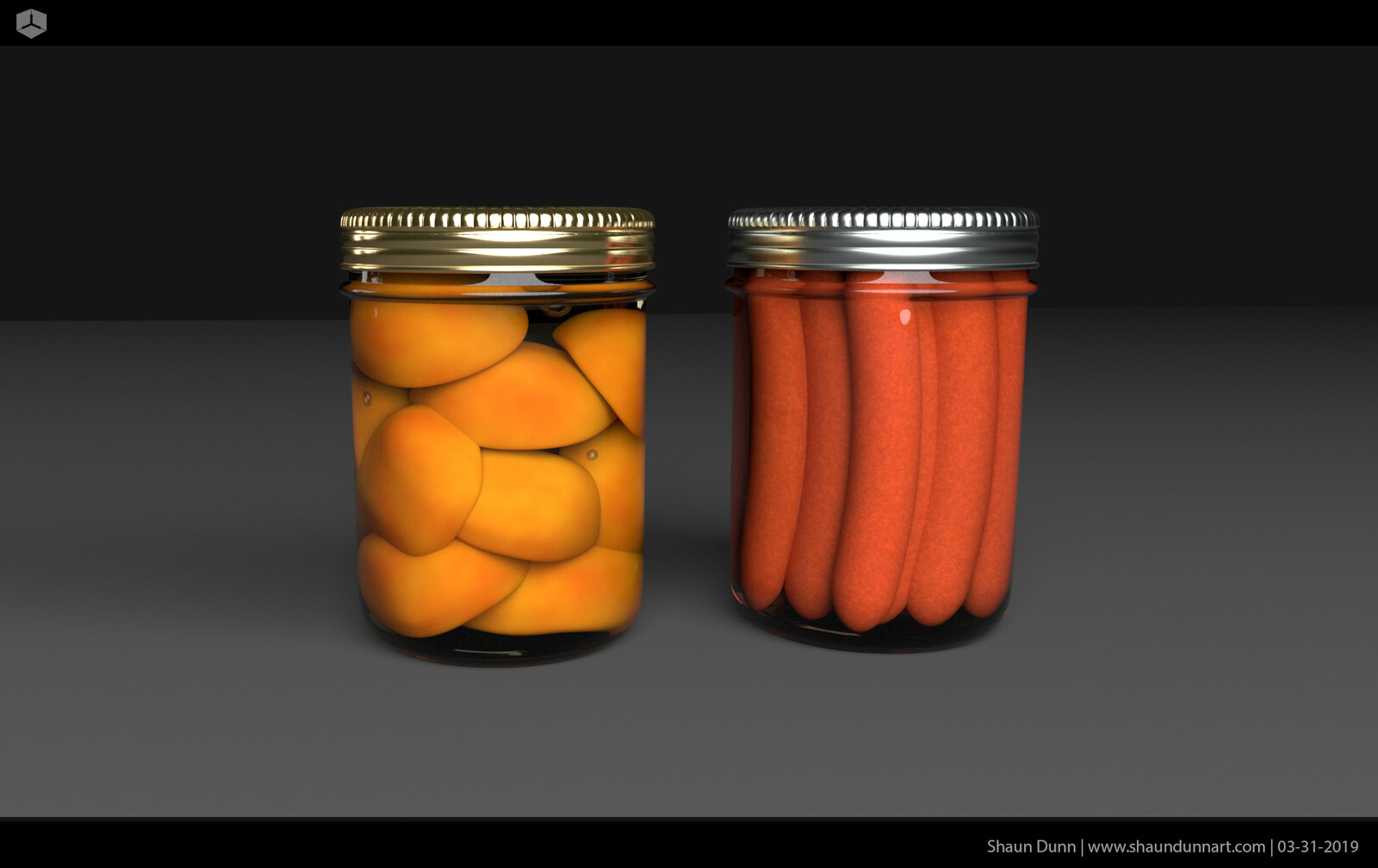 I 3D modeled canned peaches and wieners to help support my story. The jars were models by the Pixar team. This is before texturing.
