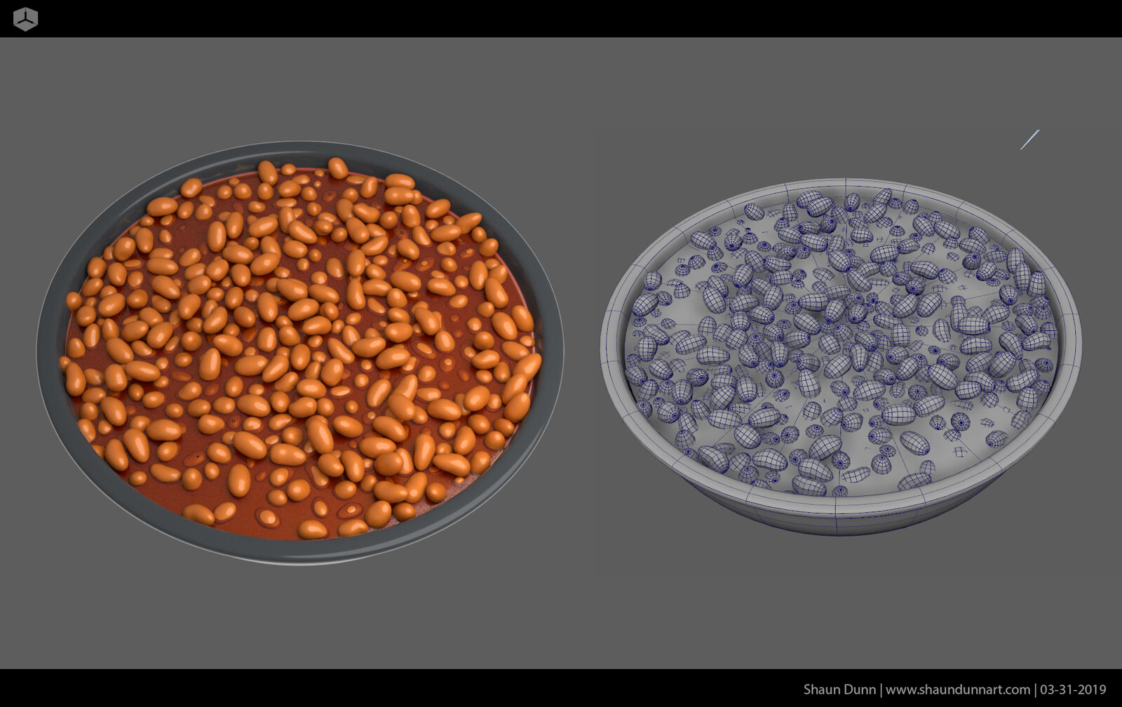 I used Bullet in Maya to achieve the simulated and natural look of all the beans laying on each other.