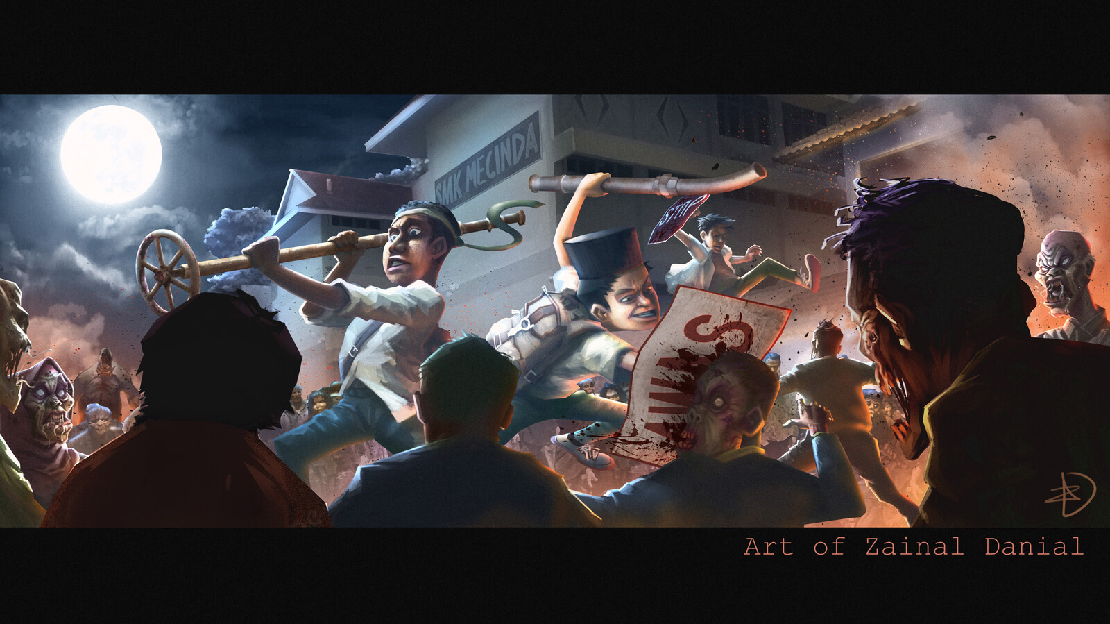 3 Malaysian kids fighting zombies.