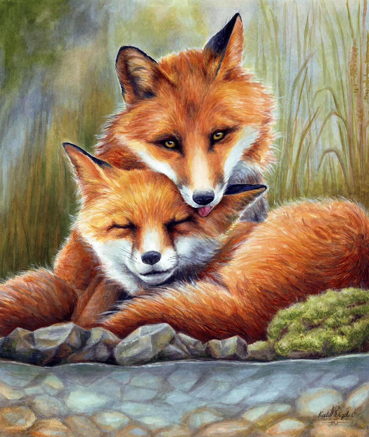 Enamored Foxes. Markers on cardboard