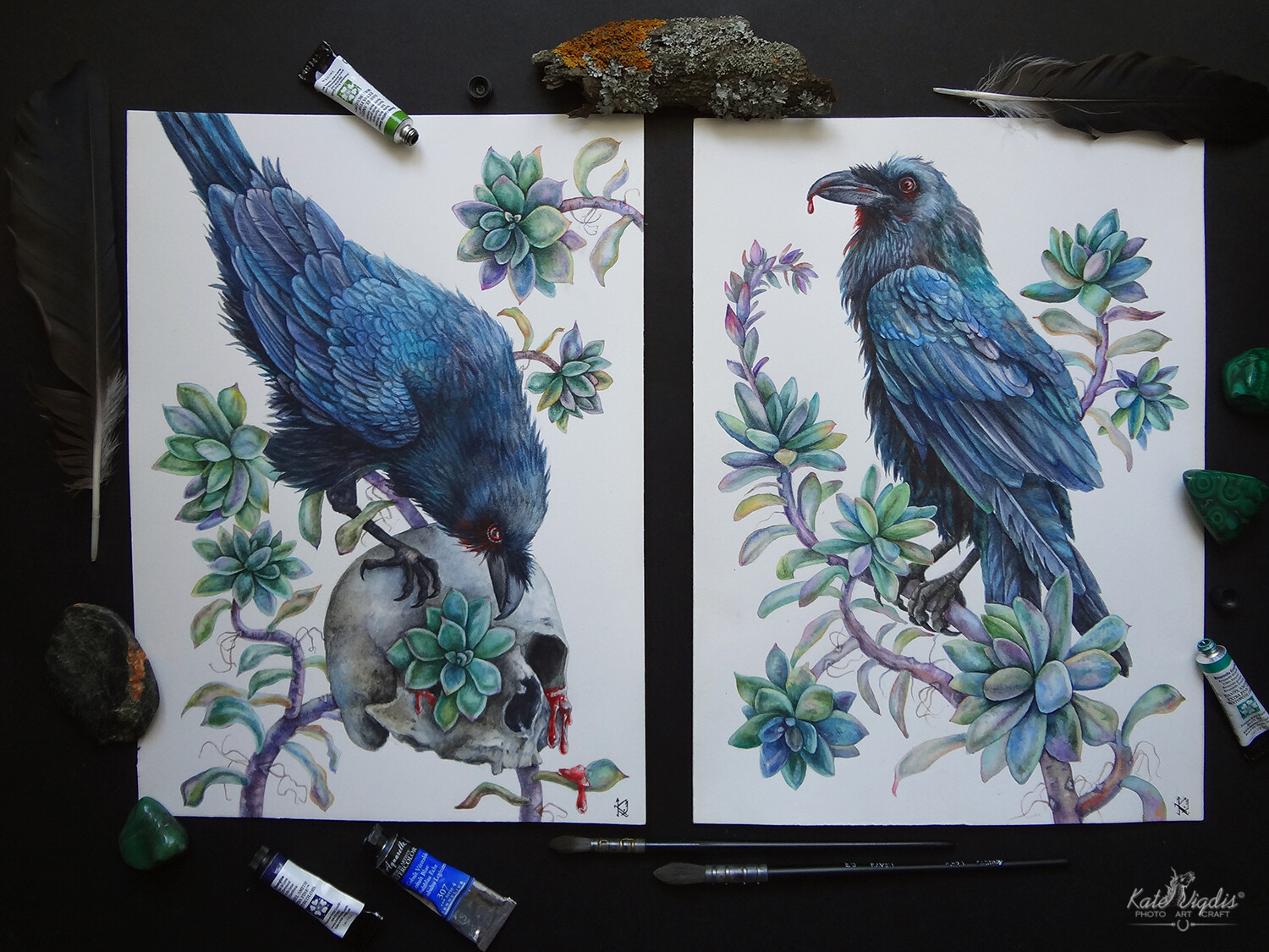 Huginn &amp; Muninn, watercolor on paper 9"х12" each.