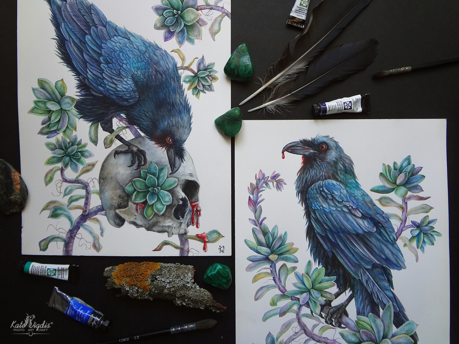 Huginn &amp; Muninn, watercolor on paper 9"х12" each.