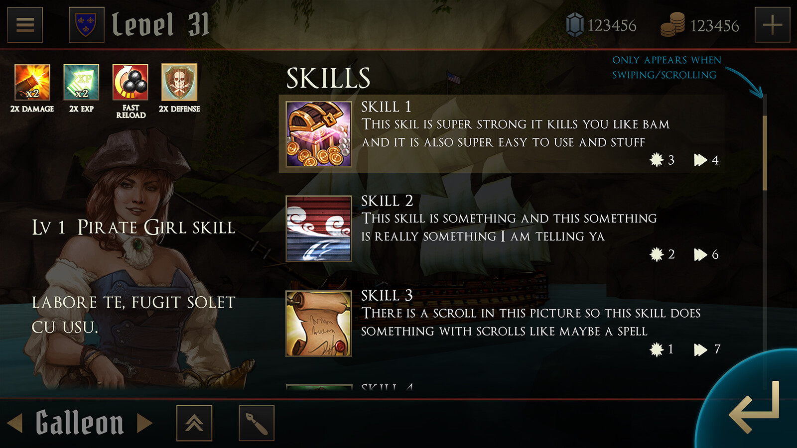 Skills menu overlay concept. Each skill was linked to a crewmember you would see on the left.