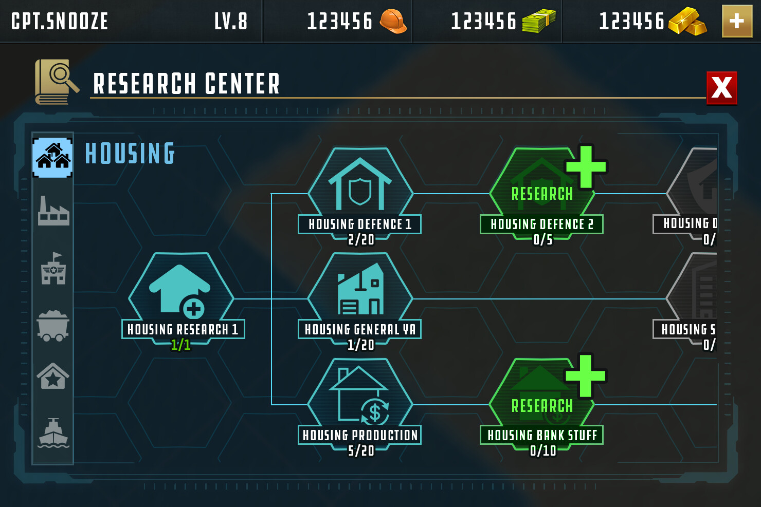 Research center UI concept. Player level determined unlockable skills among other things.