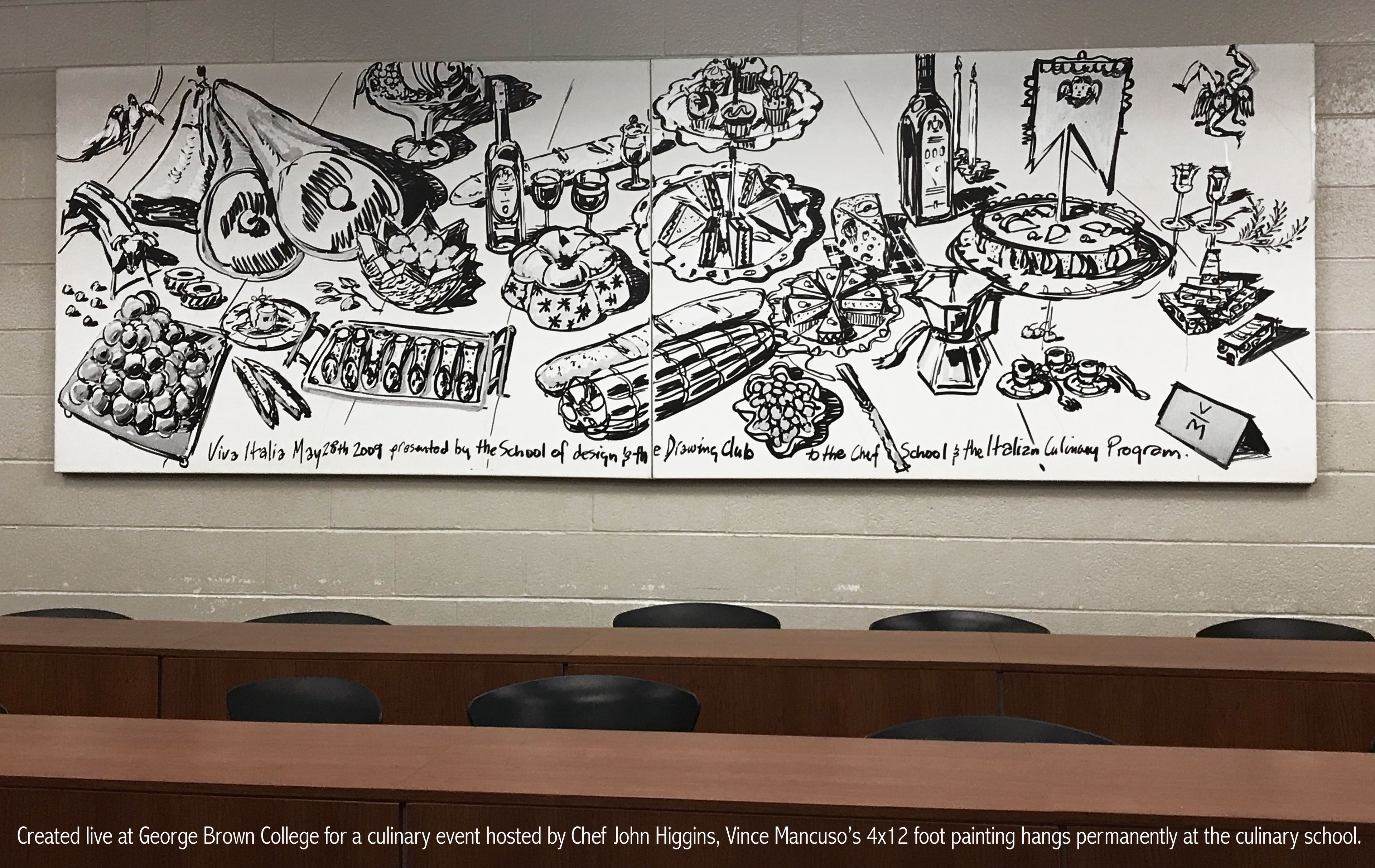 The Food Table, 4x12 feet, acrylic on canvas,  hangs permanently in George Brown College, Toronto.
