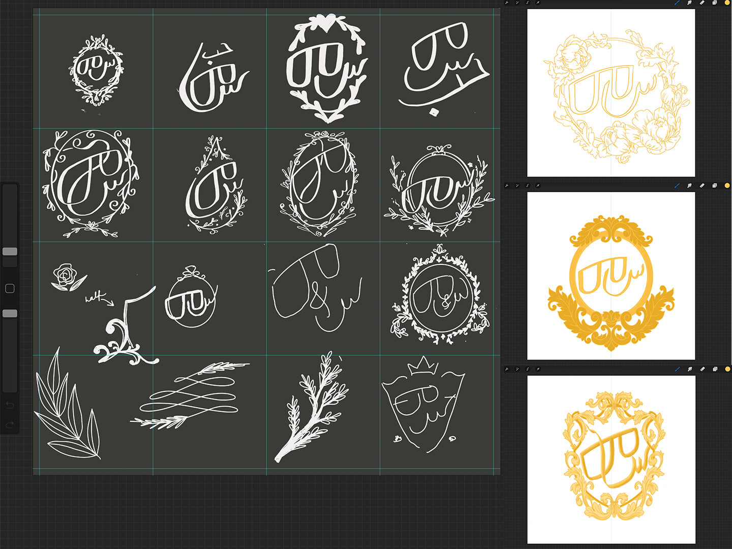 Initial thumbnails and roughs based on inspirations sent by client