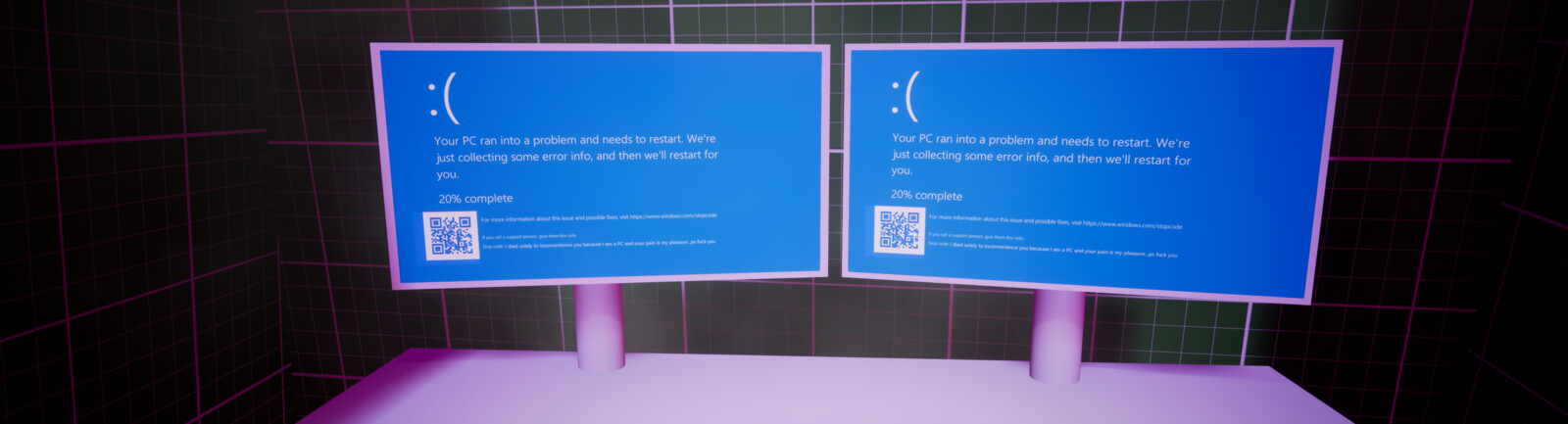 Blue screen on running desk with joke in QR code and on error message